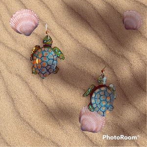 Handpainted sea turtle earrings, three dimensional sterling wires OOAK